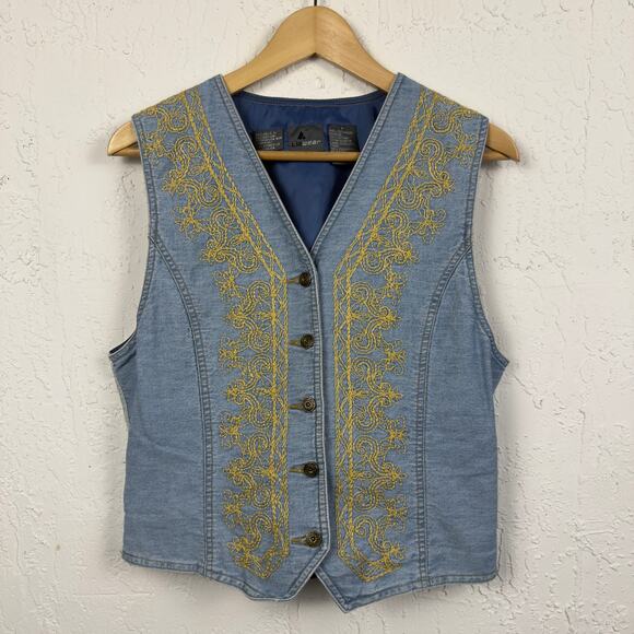 Vintage 90's Lizwear Denim Blue Jean Adjustable Gold Embroidered Vest Moto Boho - Picture 1 of 5